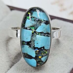 Aurora Opal & Kingman Turquoise Size US 8" 925 Sterling Silver Ring (RS107-265)