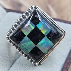 Aurora Opal & Black Onyx Size US 7" 925 Sterling Silver Ring (RS107-213)