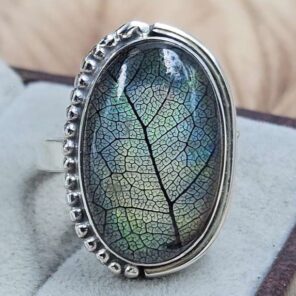 Aurora Opal Leaf Size US 10" 925 Sterling Silver Ring (RS107-239)