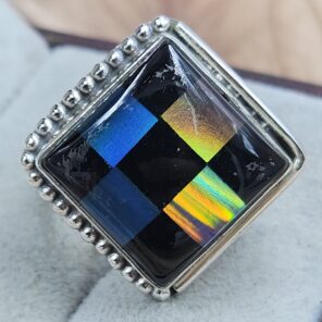 Aurora Opal & Black Onyx Checkerboard Size US 9" 925 Sterling Silver Ring (RS107-234)