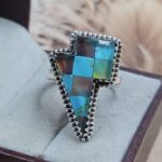 Aurora Opal Leaf & Kingman Turquoise Checkerboard US 11 925 Sterling Silver Ring (REXT153-136)