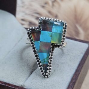 Aurora Opal Leaf & Kingman Turquoise Checkerboard US 11 925 Sterling Silver Ring (REXT153-136)