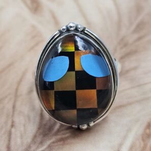 Aurora Opal, Kingman Turquoise & Black Onyx Alien Chekerboard Size US 9 925 Sterling Silver Ring (REXT151-83)
