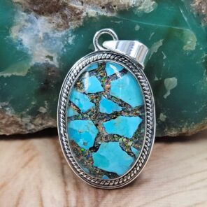 Aurora Opal & Kingman Turquoise 1.5" 925 Sterling Silver Pendant (REXT95-253)