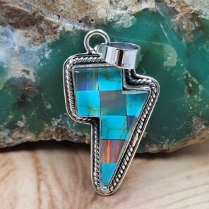 Aurora Opal & Kingman Turquoise Lightning Bolt 1.5" 925 Sterling Silver Pendant (REXT95-245)