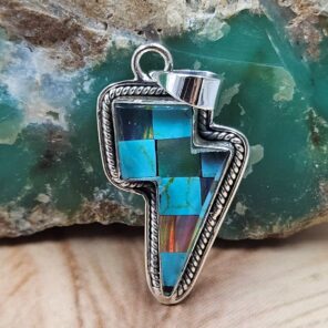 Aurora Opal & Kingman Turquoise Lightning Bolt 1.5" 925 Sterling Silver Pendant (REXT95-246)