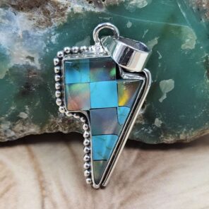 Aurora Opal & Kingman Turquoise Checkerboard 1.5" 925 Sterling Silver Pendant (REXT107-125)