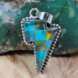 Aurora Opal & Kingman Turquoise Lightning Bolt 1.5" 925 Sterling Silver Pendant (REXT95-224)
