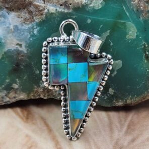 Aurora Opal & Kingman Turquoise Lightning Bolt 1.5" 925 Sterling Silver Pendant (REXT95-225)