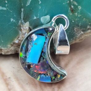 Monarch Opal Crescent Moon 1" 925 Sterling Silver Pendant (REXT42-287)