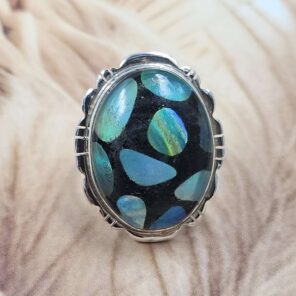 Aurora Opal & Black Onyx Size US 8 925 Sterling Silver Ring (REXT151-116)