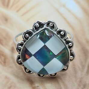 Aurora Opal Checkerboard Size US 11 925 Sterling Silver Ring (REXT88-67)