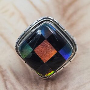 Aurora Opal & Black Onyx Checkerboard Size US 6 925 Sterling Silver Ring (REXT6-264)