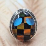 Aurora Opal , Black Onyx & Kingman Turquoise Alien Size US 10 925 Sterling Silver Ring (REXT6-234)