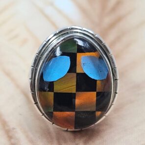 Aurora Opal , Black Onyx & Kingman Turquoise Alien Size US 10 925 Sterling Silver Ring (REXT6-234)