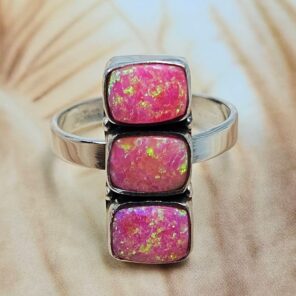 Hot Pink Aurora Opal 925 Sterling Silver Ring (REXT168-16)