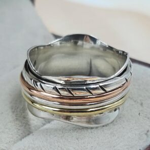 Three Tone Spinner Meditation 925 Sterling Silver Ring (REXT152-61)