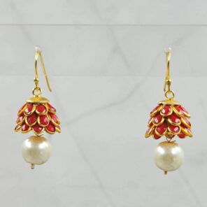 Red Onyx & Pearl 1.75" Brass Earrings (BRJ1-8)