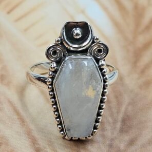 Rainbow Moonstone 925 Sterling Silver Coffin Ring (REXT85-88)