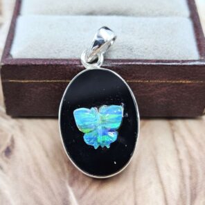 Opal Southwest Butterfly Carved Sterling Silver Pendant (REXT18-28)
