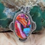 Pink Dahlia Turquoise 1.75" Sterling Silver Pendant (REXT119-110)