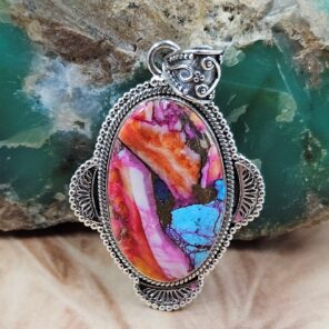 Pink Dahlia Turquoise 1.75" Sterling Silver Pendant (REXT119-110)