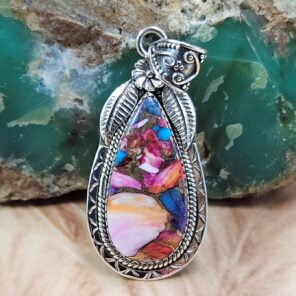 Pink Dahlia Turquoise 2" Sterling Silver Pendant (REXT119-119)