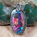 Pink Dahlia Turquoise 2" Sterling Silver Pendant (REXT119-120)