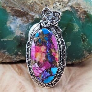 Pink Dahlia Turquoise 2" Sterling Silver Pendant (REXT119-120)