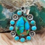 Peacock Dahlia & Kingman Turquoise 1.75" Sterling Silver Pendant (REXT119-177)