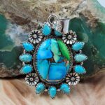 Peacock Dahlia & Kingman Turquoise 2" Sterling Silver Pendant (REXT119-178)