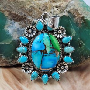 Peacock Dahlia & Kingman Turquoise 2" Sterling Silver Pendant (REXT119-178)