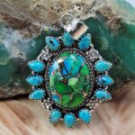 Peacock Dahlia & Kingman Turquoise 2" Sterling Silver Pendant (REXT119-179)