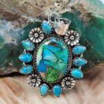 Peacock Dahlia & Kingman Turquoise 1.75" Sterling Silver Pendant (REXT119-180)