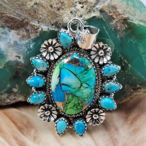 Peacock Dahlia & Kingman Turquoise 1.75" Sterling Silver Pendant (REXT119-180)