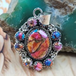 Pink Dahlia Turquoise 1.75" Sterling Silver Pendant (REXT119-199)