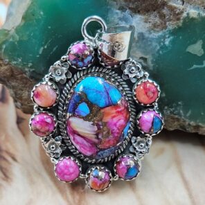 Pink Dahlia Turquoise 1.75" Sterling Silver Pendant (REXT119-200)