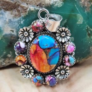 Pink Dahlia Turquoise 1.75" Sterling Silver Pendant (REXT119-201)