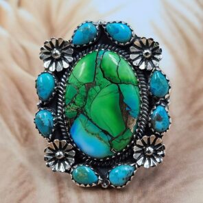 Peacock Dahlia & Kingman Turquoise Size US 8 Sterling Silver Ring (REXT119-237)