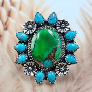 Peacock Dahlia & Kingman Turquoise Size US 9 Sterling Silver Ring (REXT119-238)