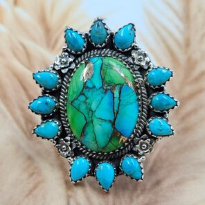 Peacock Dahlia & Kingman Turquoise Size US 10 Sterling Silver Ring (REXT119-240)