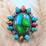 Peacock Dahlia , Pink Dahlia Turquoise , Spiny Oyster Turquoise & Kingman Turquoise Size US 9 Sterling Silver Ring (REXT119-239)