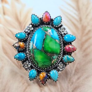 Peacock Dahlia , Pink Dahlia Turquoise , Spiny Oyster Turquoise & Kingman Turquoise Size US 9 Sterling Silver Ring (REXT119-239)
