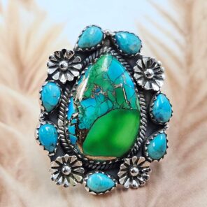 Peacock Dahlia & Kingman Turquoise Size US 7 Sterling Silver Ring (REXT119-242)