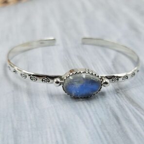Rainbow Moonstone Southwest Bangle Adjustable Sterling Silver Bangle (REXT93-75)