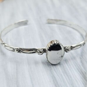 White Buffalo Turquoise Southwest Bangle Adjustable Sterling Silver Bangle (REXT93-78)