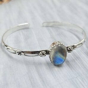 Rainbow Moonstone Southwest Bangle Adjustable Sterling Silver Bangle (REXT93-81)