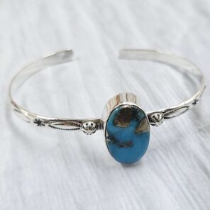 Kingman Turquoise Southwest Bangle Adjustable Sterling Silver Bangle (REXT93-89)
