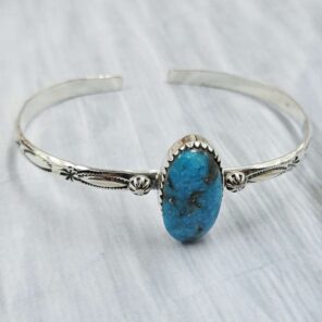 Kingman Turquoise Southwest Bangle Adjustable Sterling Silver Bangle (REXT93-83)