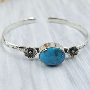 Kingman Turquoise Southwest Bangle Adjustable Sterling Silver Bangle (REXT93-102)